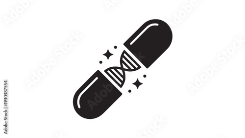 DNA capsule in simple flat design with black and white color scheme on white background for medical icon