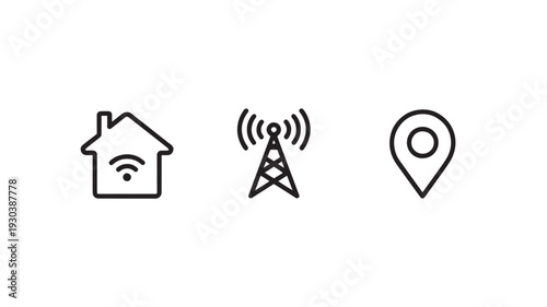 Simple Line Icons of Home Wi-Fi, Cell Tower Signal, and Map Pin in Minimalist Black Design for Web and Mobile UI