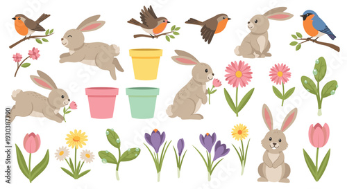 Charming Spring Collection Featuring Adorable Bunnies Birds Flowers and Potted Plants for Festive Easter and Nature Themes