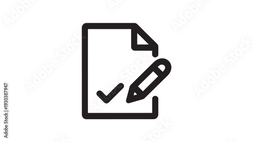 Document with pencil and checkmark in simple line art style on white background for office supplies