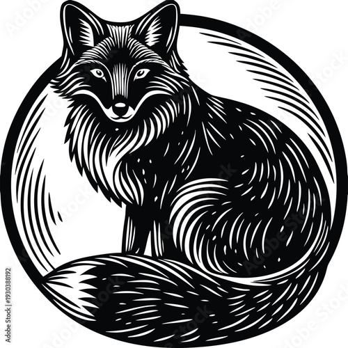 Black and white fox illustration in circle frame vector