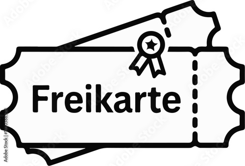 A black and white illustration of a ticket with a star ribbon award