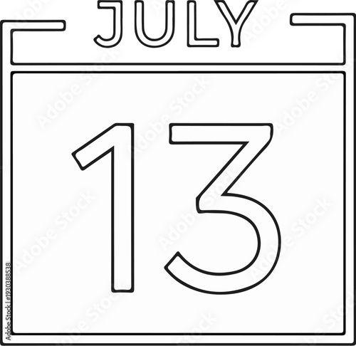 A black and white outline of a calendar page with "JULY" at the top and "13" below