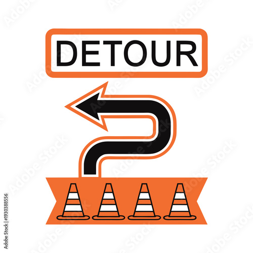 A detour sign with an arrow and traffic cones