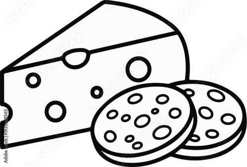 A cartoon wedge of cheese with holes and two slices of sausage