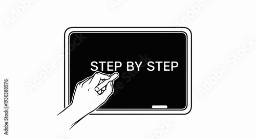 A hand holding chalk writes "STEP BY STEP" on a blackboard