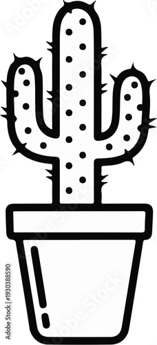 A minimalist black and white icon of a potted cactus with sharp spikes and dots