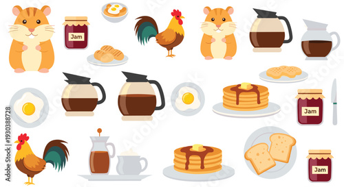 Whimsical Breakfast Scene with Roosters and Hamsters Enjoying Coffee Pancakes and Jam