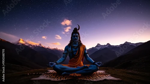 Lord Shiva meditating peacefully in the Himalayas at sunset.
