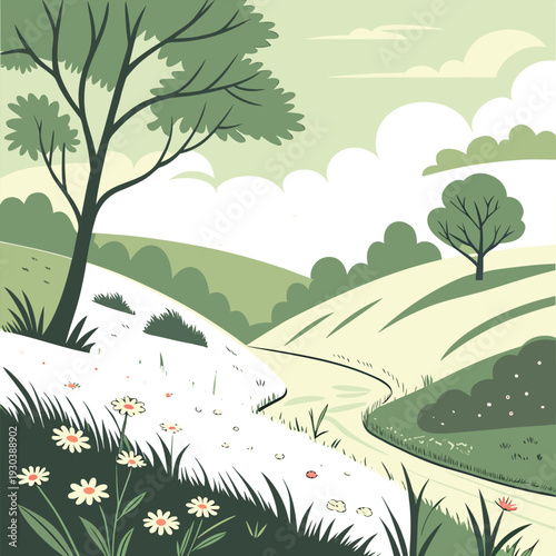 Vector illustration of a serene landscape with rolling hills, trees, and flowers