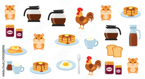 Whimsical Breakfast Scene with Hamsters and Roosters Enjoying Pancakes Coffee and Jam