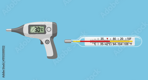 Digital thermometer and mercury thermometer side by side on blue background.