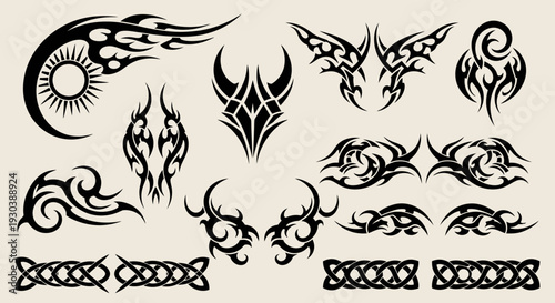 Tribal tattoo designs collection with various black patterns and motifs.