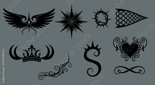Collection of black decorative elements and ornaments.