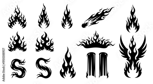 Collection of black flame and fire vector graphics for design.