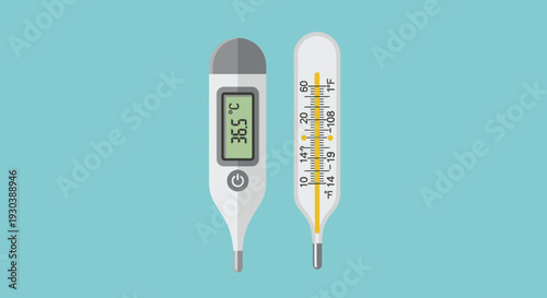 Digital and Mercury Thermometers on Blue Background.