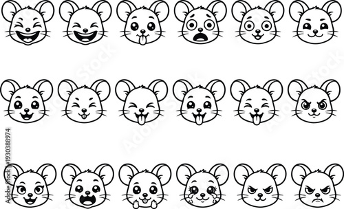 Cute cartoon mice with surprised shocked faces in rows, adorable kawaii mouse emoji pattern, funny animal illustration seamless repeat, playful rodents open mouth expression vector graphic
