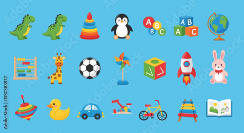 Collection of colorful children's toys and educational icons on blue background.