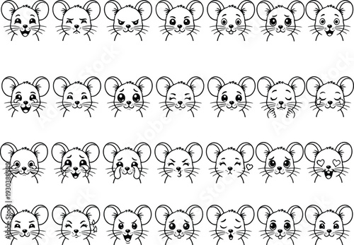 Cute cartoon mice with surprised shocked faces in repeating rows, adorable kawaii mouse emoji style pattern, funny animal illustration seamless repeat, playful rodents open mouth expressions vector