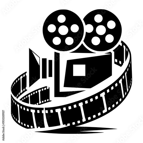 Vintage Cinema Camera Icon: A classic cinematic camera and film strip icon, embodies the art of storytelling and filmmaking. The elegant black and white image.