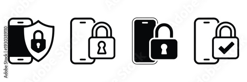 Mobile Security Thin Line Icons, modern flat vector set including cybersecurity shield protection, safety symbols, monitor, padlock, check mark, secure data network, online privacy concept for app and