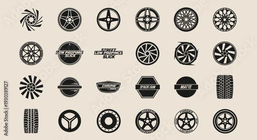 Collection of black and white car wheel designs and tire icons.