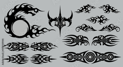 Collection of tribal tattoo designs and patterns in black on gray background.