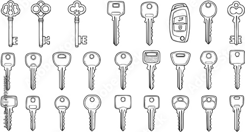 Hand-Drawn Keys Collection: Variety of Vintage Skeleton Keys, Modern House Keys, Car Remote, and Key Blanks. Outline Sketch Set for Security and Access Concepts.