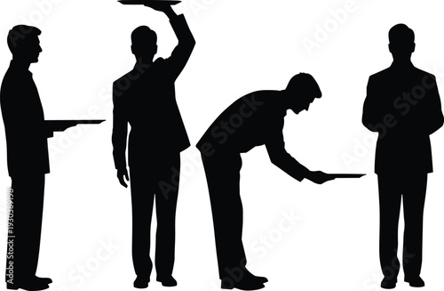 Black Silhouette Vector Set of Professional Waiters Carrying Trays and Serving Food Isolated on White Background for Restaurant Catering and Hospitality Service Design