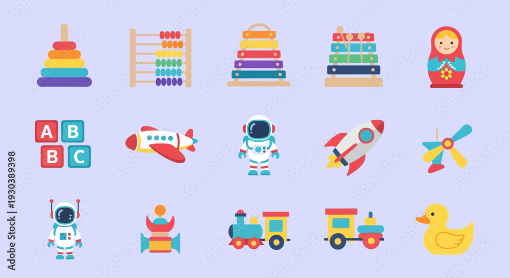 Fototapeta premium Colorful children's toys and educational icons set on light background.