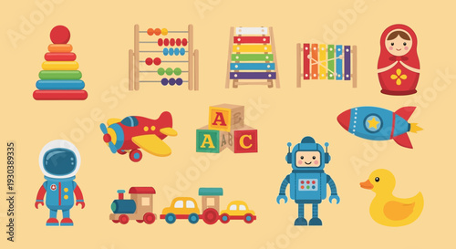 Colorful children's toys and educational materials arranged neatly.