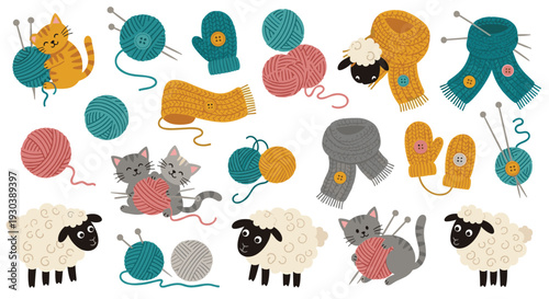 Whimsical Knitting and Crafting Scene with Cute Animals and Yarn Balls
