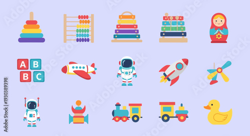 Colorful children's toys and educational icons set on light background.