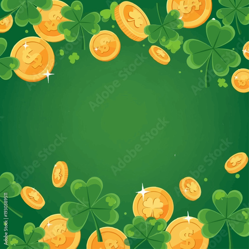 Abundant gold coins and lush shamrocks rain down across a vibrant green background, symbolizing prosperity and luck for a holiday celebration.
