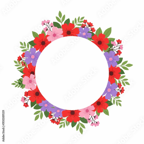 Vibrant floral wreath frames a central empty circle, providing a beautiful decorative border for invitations or announcements on a white.