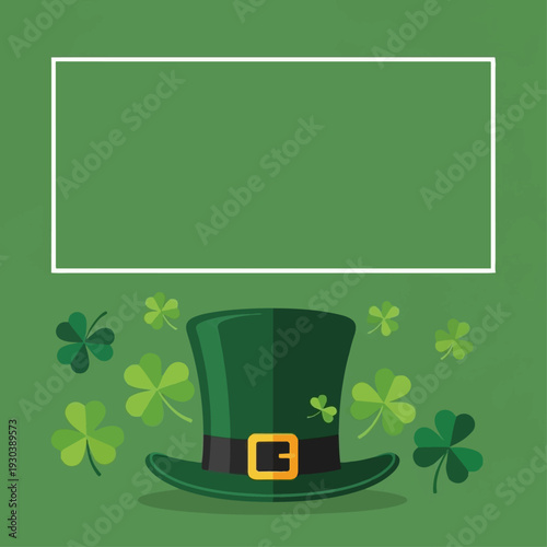 Leprechaun hat with golden buckle sits below a large blank white rectangle perfect for holiday text or St. Patrick's Day greetings.