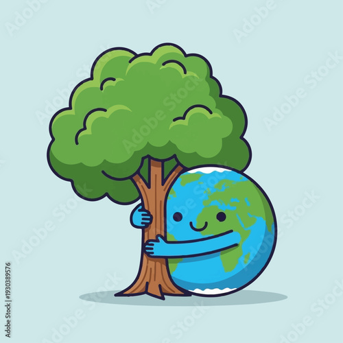Cute cartoon Earth character affectionately embraces a large green tree to symbolize conservation and environmental care.