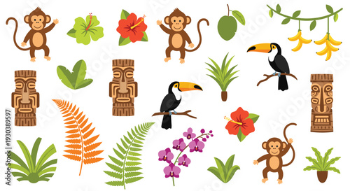 Tropical jungle paradise with playful monkeys toucans exotic plants and tiki masks for vibrant vacation themes
