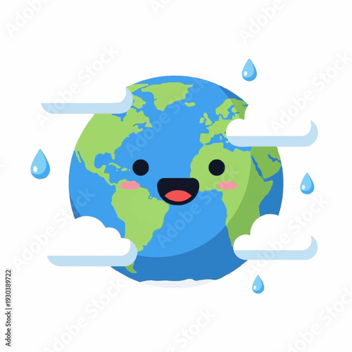 Cheerful cartoon Earth character with a happy expression smiles amidst rain clouds and falling water droplets, representing global well-being.