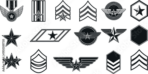 Military Rank and Insignia Icon Set with Stars, Badges, Chevrons, Wings, and Emblems for Army, Air Force, Security, and UI Design Projects