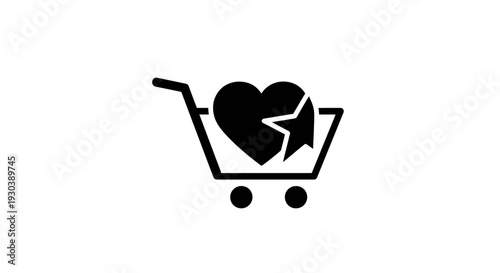 Shopping cart icon with a broken heart symbol indicating a purchase regret or failed transaction.