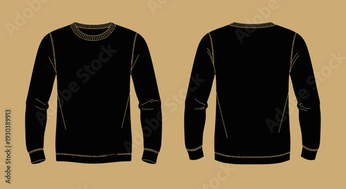 Black Sweater Front and Back View Illustration.