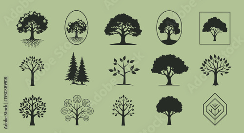 Collection of various tree icons in different styles and shapes.