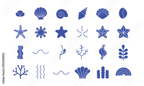 Minimal marine life outline icons with seashells starfish and seaweed vector illustration, easily editable.