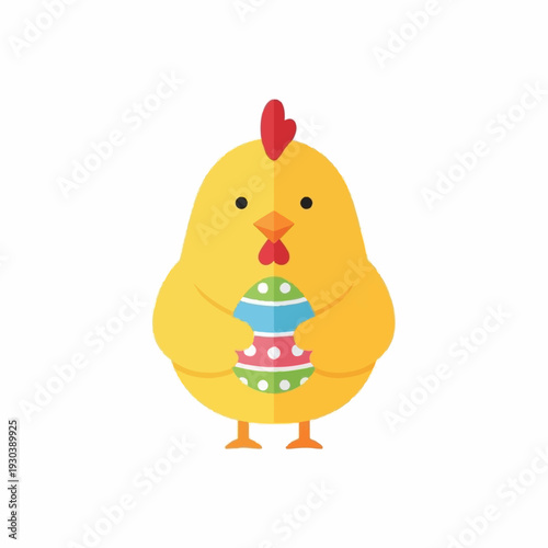 Cute yellow baby chick character holds a colorful decorated Easter egg directly in the center against a white backdrop.
