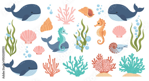 Charming Underwater Scene Featuring Whales Seahorses Corals Shells and Bubbles in a Vibrant Ocean Ecosystem