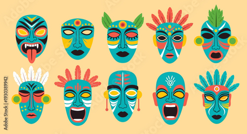 Vibrant collection of colorful cartoon masks with diverse designs and expressions.