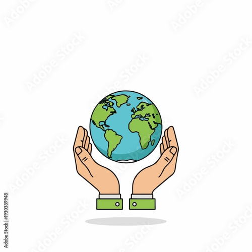 Two human hands gently cup and support the spherical planet Earth illustration against a clean white background.