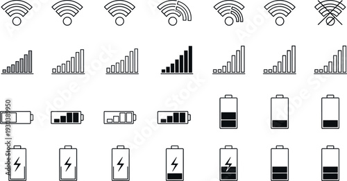 Mobile Connectivity and Battery Status Icon Set with WiFi Signals, Network Strength Bars, and Charging Indicators for User Interfaces and App Design