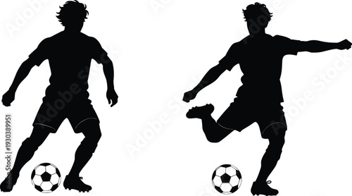 Black silhouettes of a soccer player dribbling and kicking a football isolated on white background representing sports action training competition and athletic performance excellence